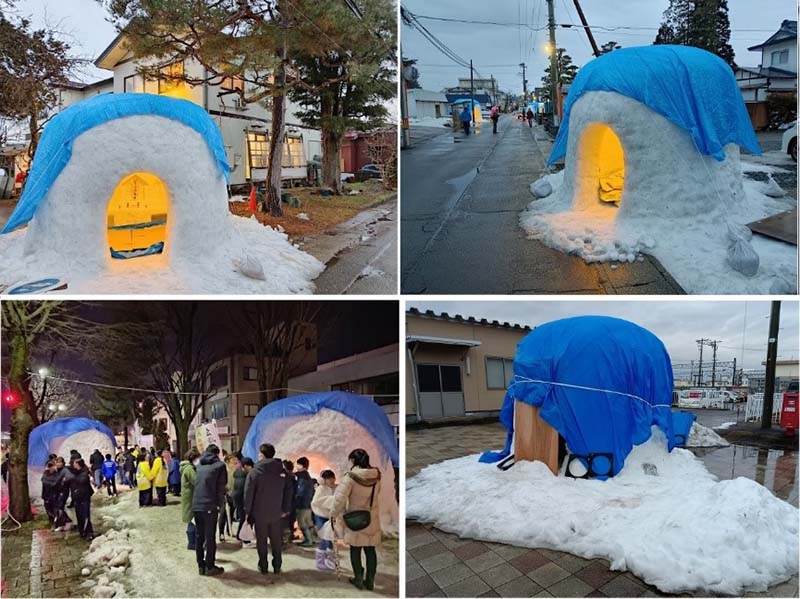 氣候暖化，為了避免雪屋淋雨融化，只能穿上「雨衣」，因此，雪屋也不再白晰美麗了。