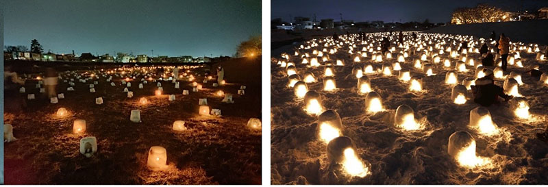 右邊為往年下町雪燈的燈光密度（照片翻自橫手雪祭官網），左邊則為今年蠋檯因環境過於潮濕而一再熄滅的情況。而且，雪量豐沛時，用水桶造雪燈只是舉手之事，但沒雪時，雪燈一但融化變形，就難以再重現。