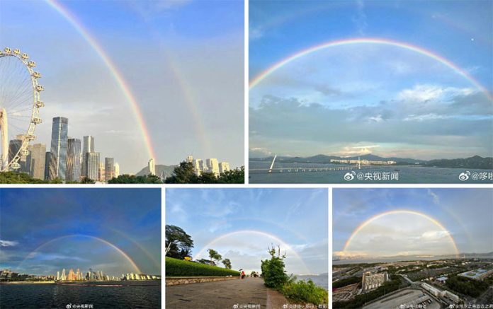 周三（17日）傍晚，深圳上空出現雙彩虹奇觀。